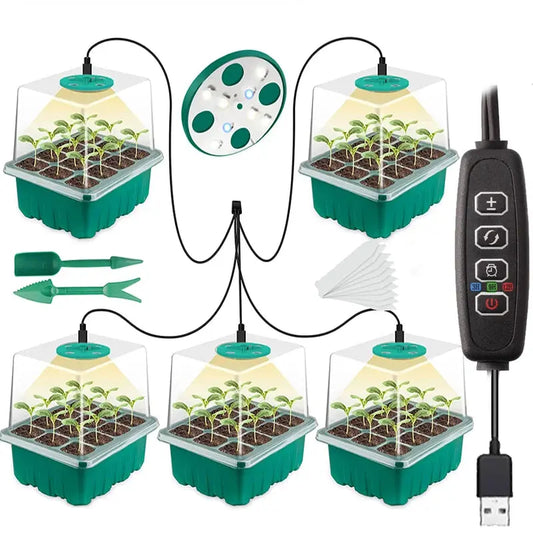 Full Spectrum LED Grow Light with Seedling Tray Plant Seed Starter Trays, Greenhouse Growing Trays with Holes 12 Cell Per Tray Mary's Garden Shed