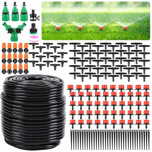 Garden Drip Irrigation Kit,164FT Greenhouse Micro Automatic Drip Irrigation System Kit With Blank Distribution Tubing Hose Adjustable Patio Misting Nozzle Emitters Sprinkler Barb Mary's Garden Shed